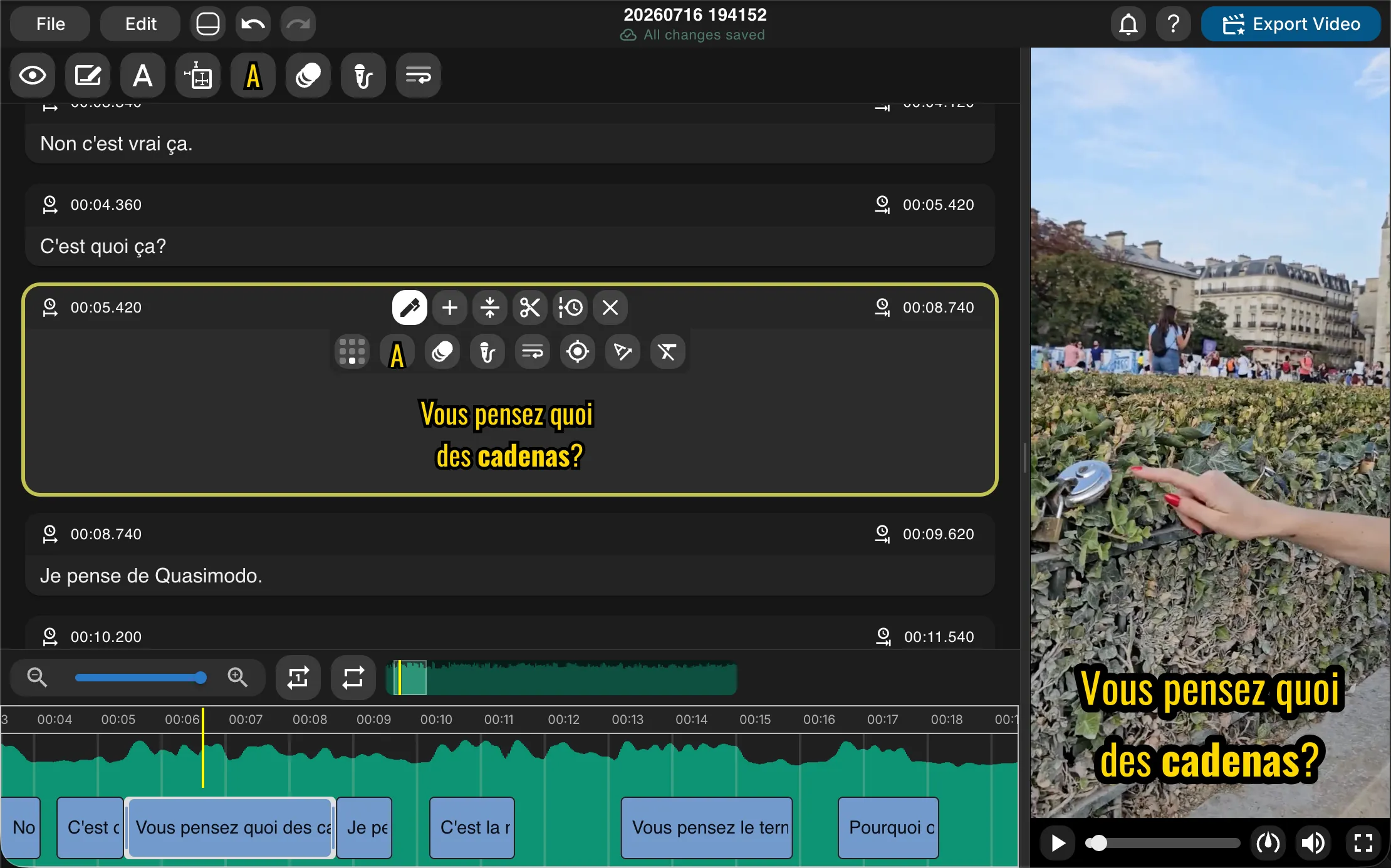 The CutCaption editor: caption list with timings on the left, styled captions previewed over the video on the right, and a waveform timeline below.